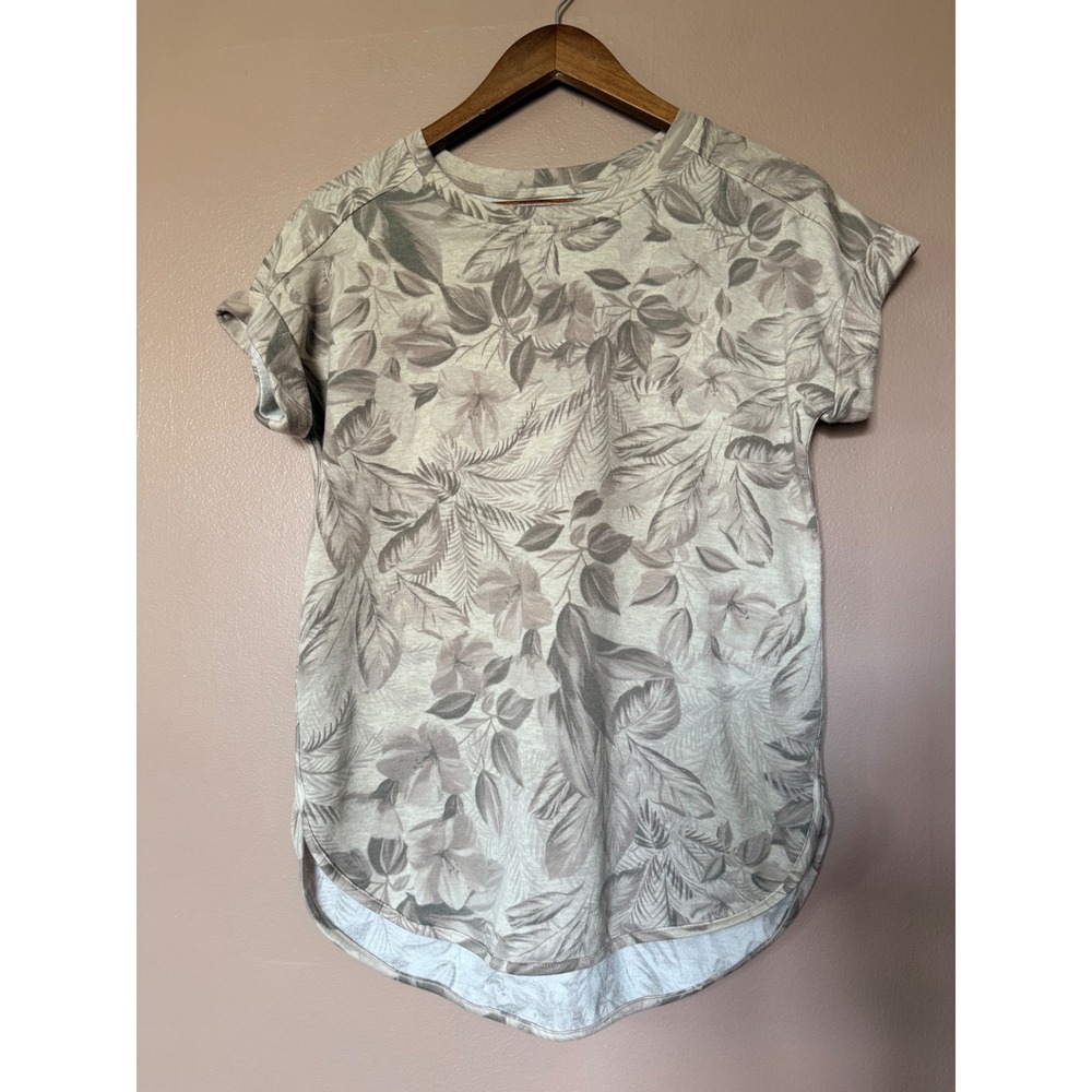 Cupio Small Tan Gray Floral Leaf Print Short Cuffed Sleeve High Low Hem Top Tee
